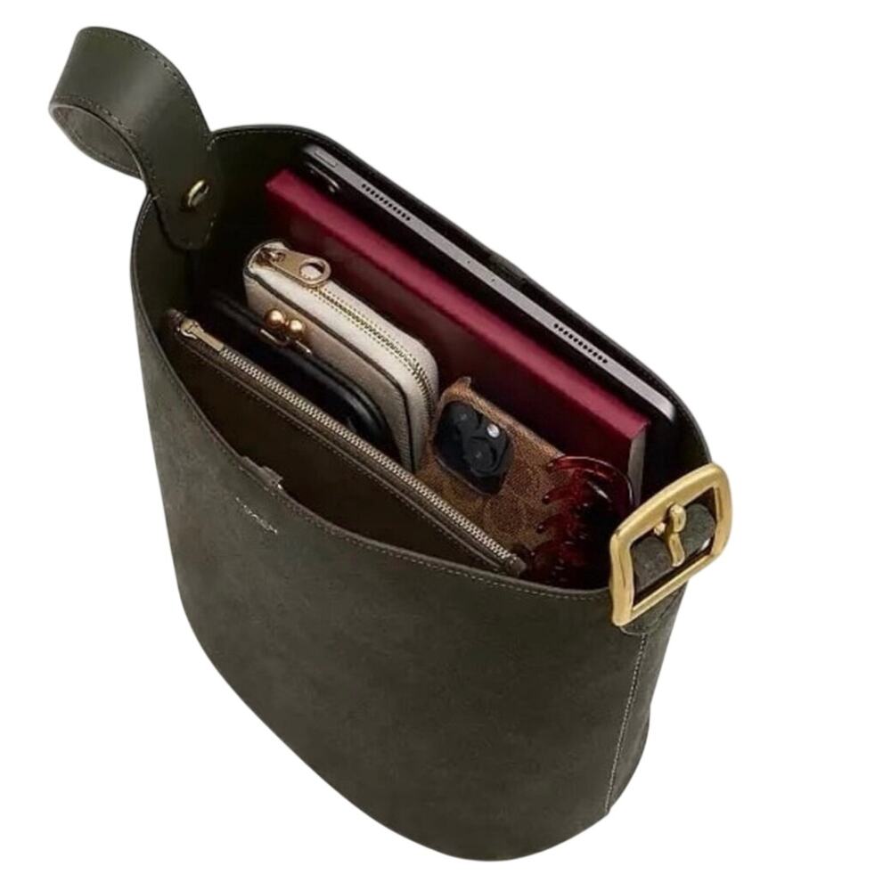 Coach Bleecker Bucket Bag w/ Detachable Pouch Olive Green Suede NWT - Picture 5 of 7